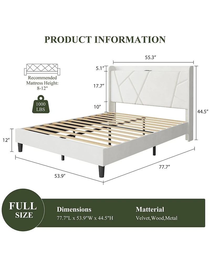 Bed Frame with Storage Headboard and Charging Station | Wingback Velvet Upholstered Platform Bed Frame, Solid Wood Slats Support