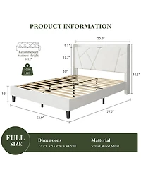 Bed Frame with Storage Headboard and Charging Station | Wingback Velvet Upholstered Platform Bed Frame, Solid Wood Slats Support