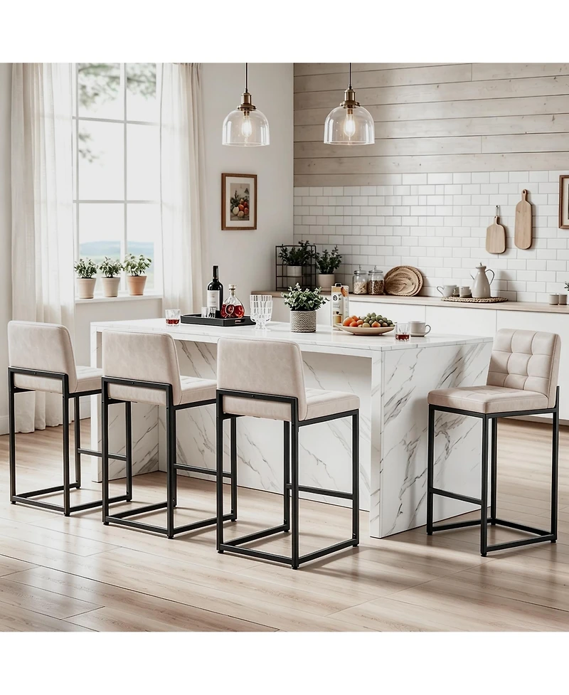 Set of 2 Modern Counter Height Bar Stools, Faux Leather Upholstered Stools with Backrest and Footrest, Armless Design and Metal Legs for Kitchen
