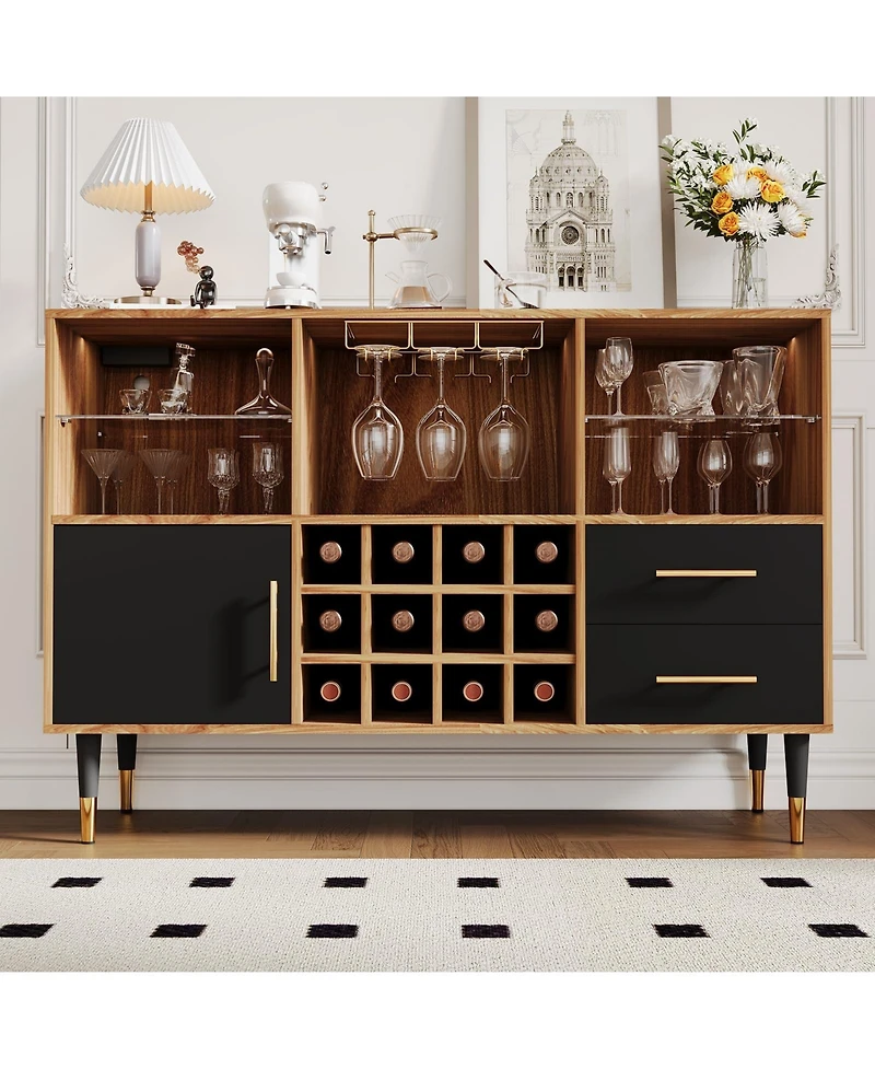 47.2" Wood Color Wine Bar Cabinet with Led Lights, Charging Station, Wine Rack and Glass Holder