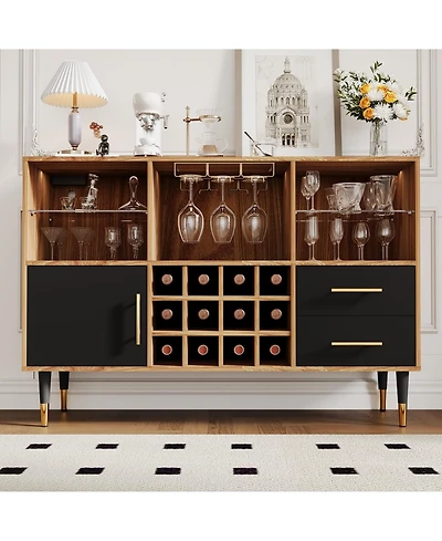 47.2" Wood Color Wine Bar Cabinet with Led Lights, Charging Station, Wine Rack and Glass Holder