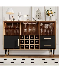 47.2" Wood Color Wine Bar Cabinet with Led Lights, Charging Station, Wine Rack and Glass Holder