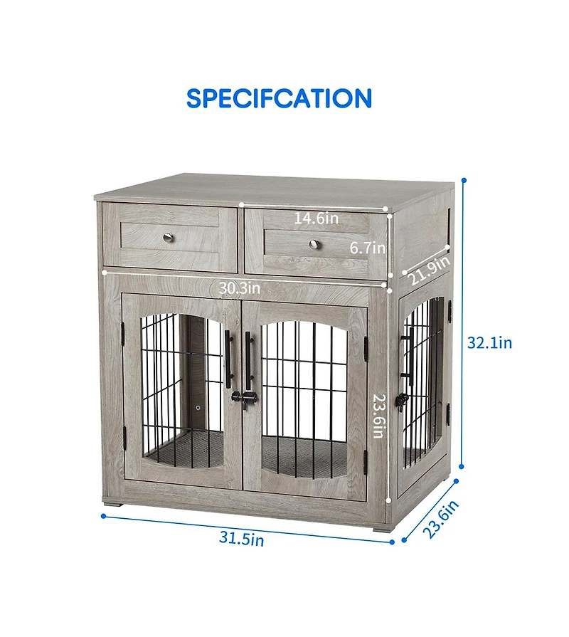 Medium/Large Engineered Wood Dog Crate Furniture, Indoor Dog Kennel Cage with Metal Double Doors, Decorative Pet End Table for Living Room