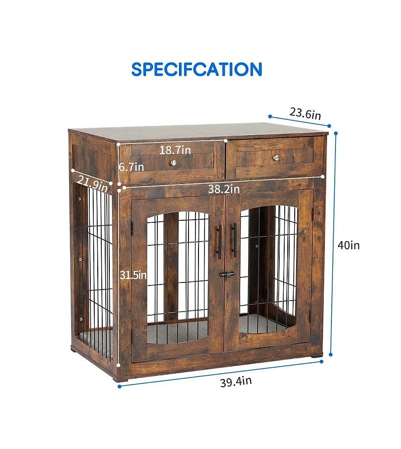 Medium/Large Engineered Wood Dog Crate Furniture, Indoor Dog Kennel Cage with Metal Double Doors, Decorative Pet End Table for Living Room