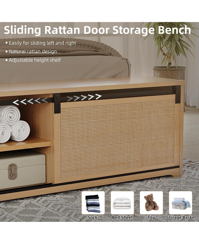 Full Rattan Bed Frame, Rattan Headboard and Rgb Led Light, Platform Bed Frame with Sliding Barn Door Storage Bench, Noise Free, No Box Spring Needed