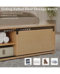 Full Rattan Bed Frame, Rattan Headboard and Rgb Led Light, Platform Bed Frame with Sliding Barn Door Storage Bench, Noise Free, No Box Spring Needed