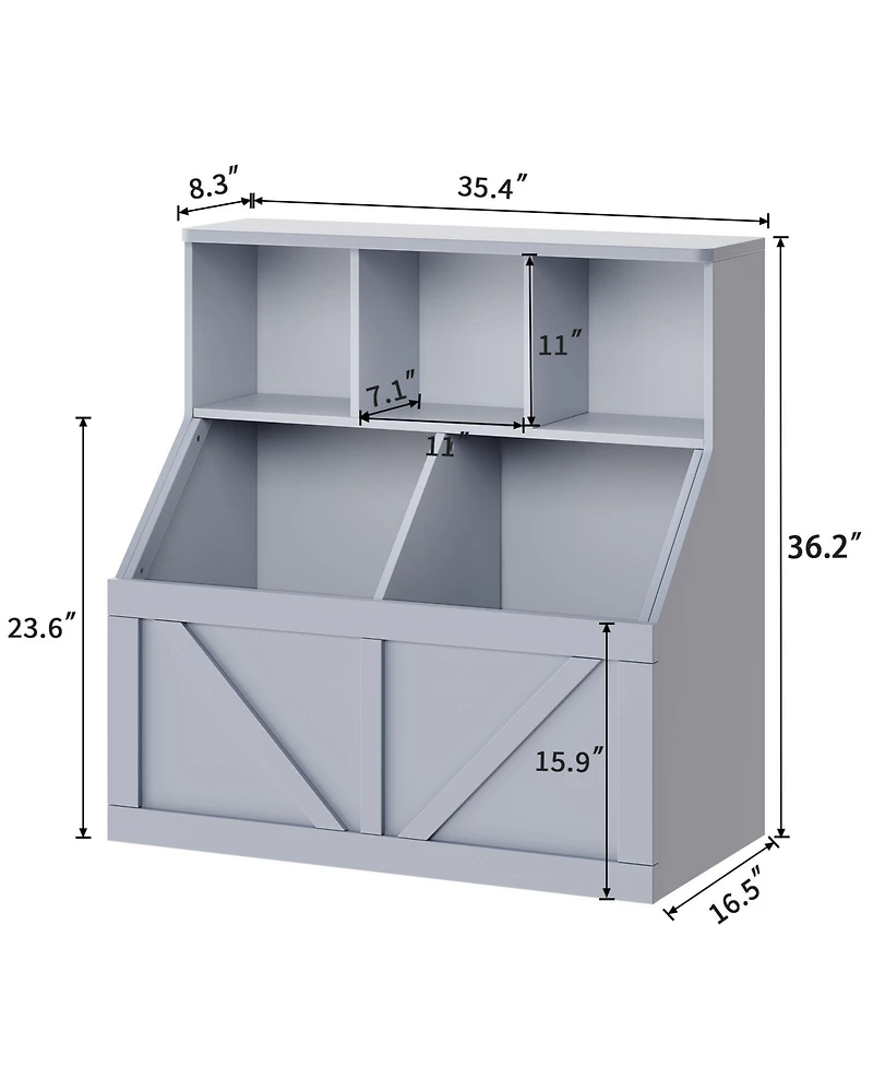 Kids Bookshelf Toy Storage Organizer 35.4"H Layered Cubby Storage Wood Frame Low Height Kid-Friendly for Playroom Bedroom Nursery