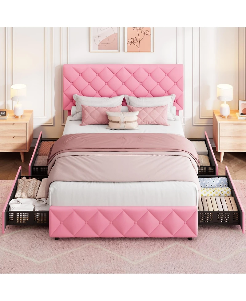 Bed Frame with 4 Storage Drawers and Adjustable Headboard, Linen Upholstered Platform Beds, Diamond Stitched Button Tufted
