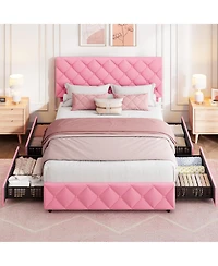 Bed Frame with 4 Storage Drawers and Adjustable Headboard, Linen Upholstered Platform Beds, Diamond Stitched Button Tufted
