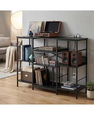3-Tier Media Storage Shelf with Power Outlet, Record Player Stand, Cd Dvd Organizer Rack for Living Room Entertainment Space