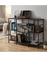 3-Tier Media Storage Shelf with Power Outlet, Record Player Stand, Cd Dvd Organizer Rack for Living Room Entertainment Space