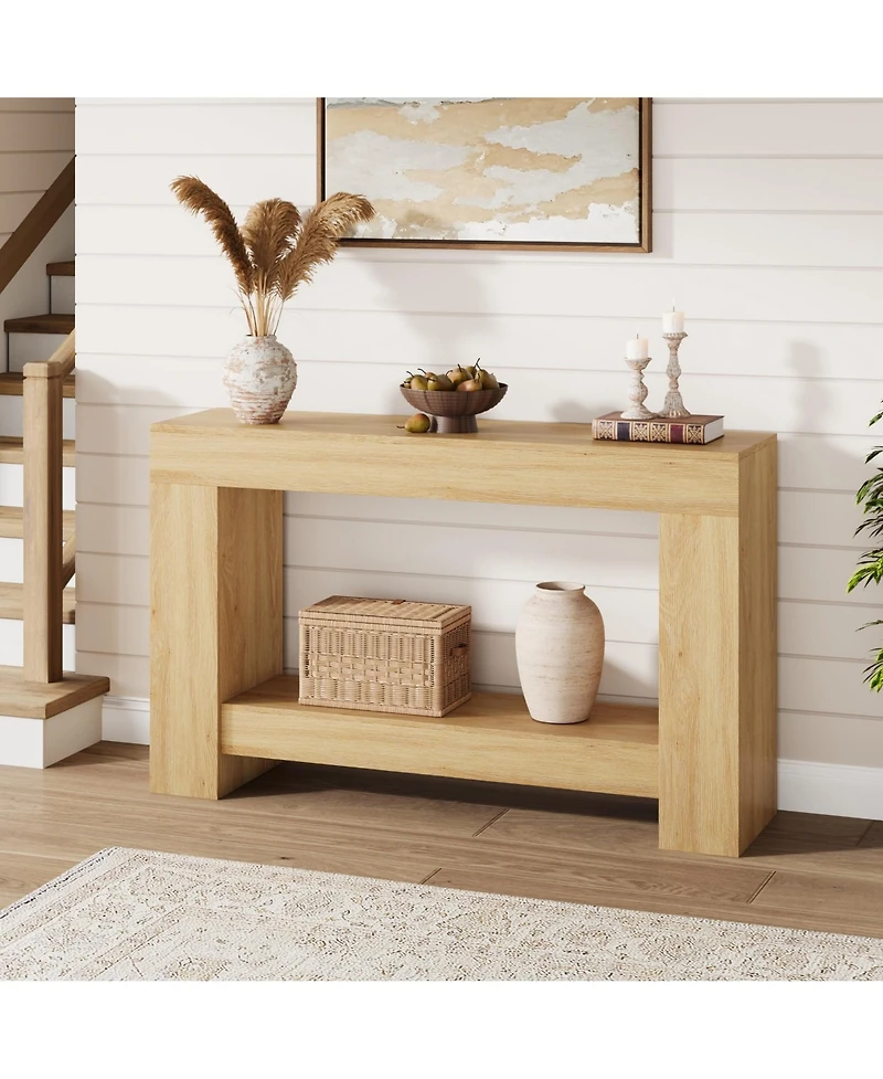 47.2" Farmhouse Console Table with H-Base, 2-Tier Entryway Sofa Table for Living Room,Natural Color