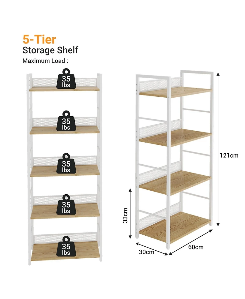 4-Tier Industrial Bookshelf, Metal and Wood Freestanding Open Display Rack with Anti-Fall Mesh Guard, Anti-Tip Kit for Home Office Bedroom Living Room