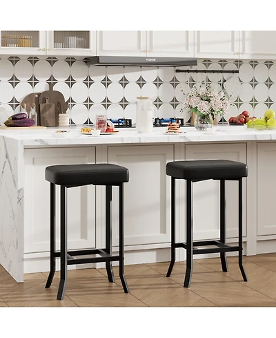 Counter Height Bar Stools Set of 2, Modern Faux Leather Upholstered Barstools with Metal Legs, Space-Saving Backless Stools for Kitchen Kitchen Island