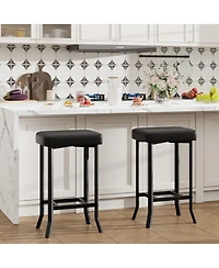 Counter Height Bar Stools Set of 2, Modern Faux Leather Upholstered Barstools with Metal Legs, Space-Saving Backless Stools for Kitchen Kitchen Island