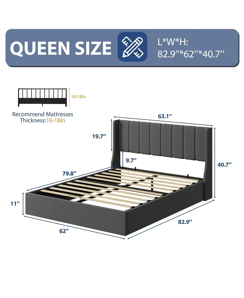 Bed Frame with Storage,Hydraulic Lift Up Bed with Headboard, Modern Upholstered Platform Bed Frame,Hydraulic System with Handle