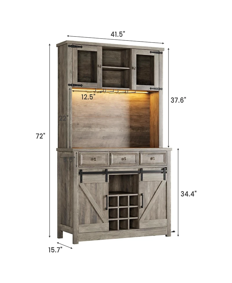 72" Coffee Bar Cabinet with Storage, Kitchen Buffet Hutch, Led Lights, Power Outlets, Sliding Barn Doors, 3 Drawers and Wine Glass Rack for Home Bar