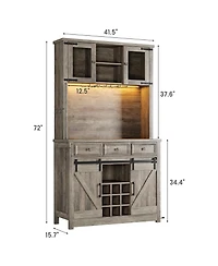 72" Coffee Bar Cabinet with Storage, Kitchen Buffet Hutch, Led Lights, Power Outlets, Sliding Barn Doors, 3 Drawers and Wine Glass Rack for Home Bar