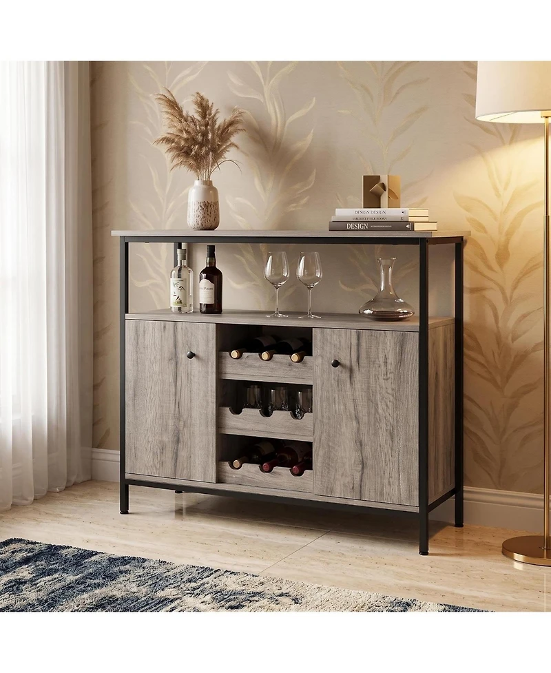 Farmhouse Sideboard Buffet Cabinet with Wine Rack and Adjustable Shelves, Kitchen Storage,Grey