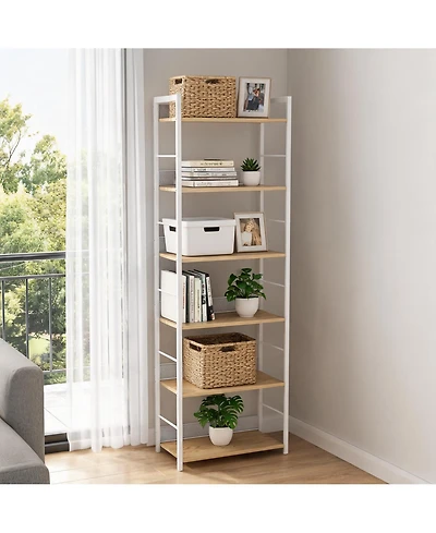 24" W x 12" D x 74" H 6-Tier Shelf with Diamond Mesh Back, Steel Frame and Engineered Wood Shelves for Living Room Home Office, White/Black