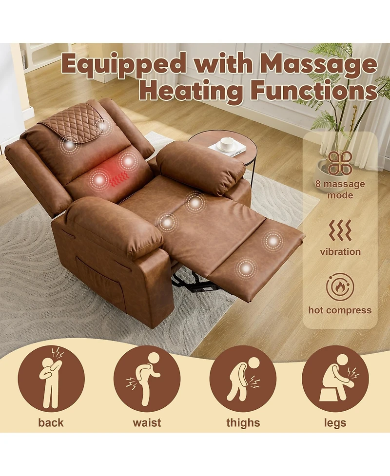 39 "L x 36 "W Pu Leather Recliner Chair with Massage and Heating, Adjustable Reclining Single Sofa for Living Room Bedroom Office, Brown