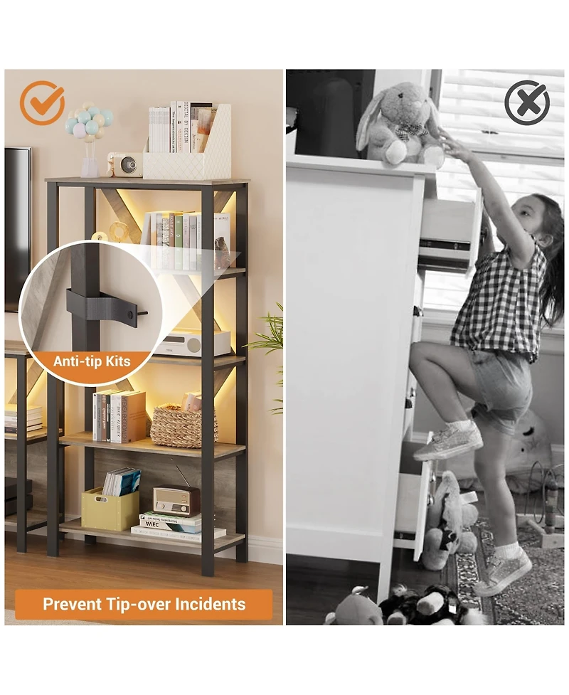 Set of 2 Three-Tier Bookshelves with Led Light Strips, Modern Display Shelf with Backlights for Living Room Bedroom Home Office, Grey