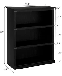 3-Tier Farmhouse Wooden Bookcase, Tall Open Bookshelf, Rustic Black, 40" H x 31.5" W x 12.8" D