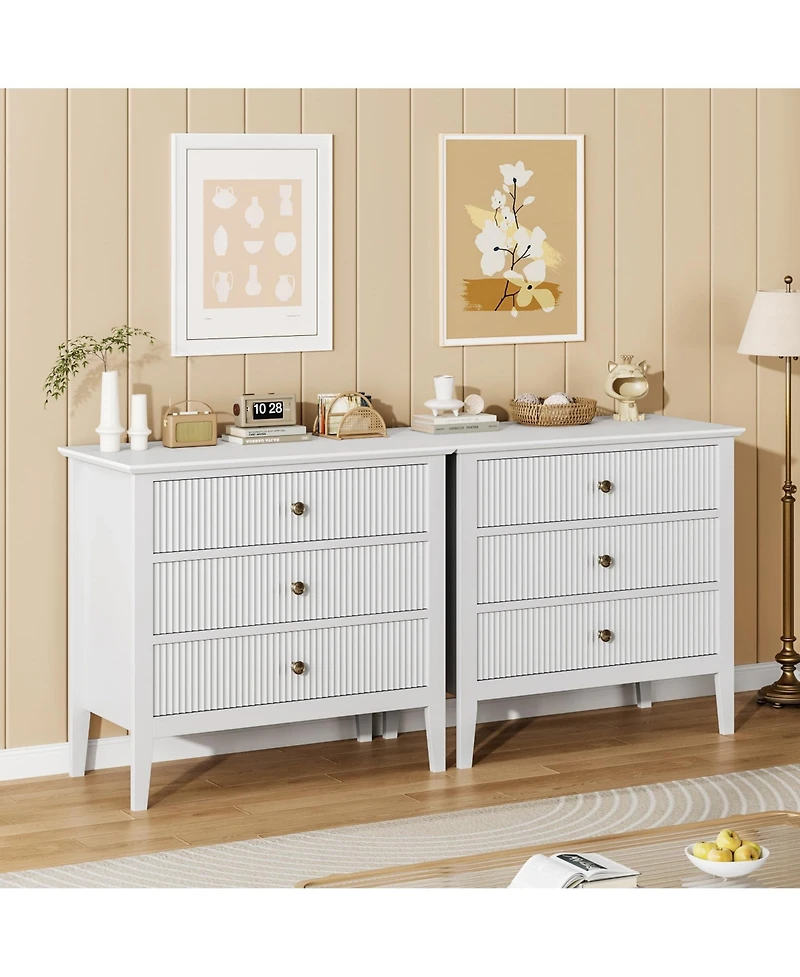 32 x 16 x 30 in Set of 2 Three Drawer Chest, Engineered Wood Dresser Cabinet with Vertical Grain for Bedroom Living Room, White