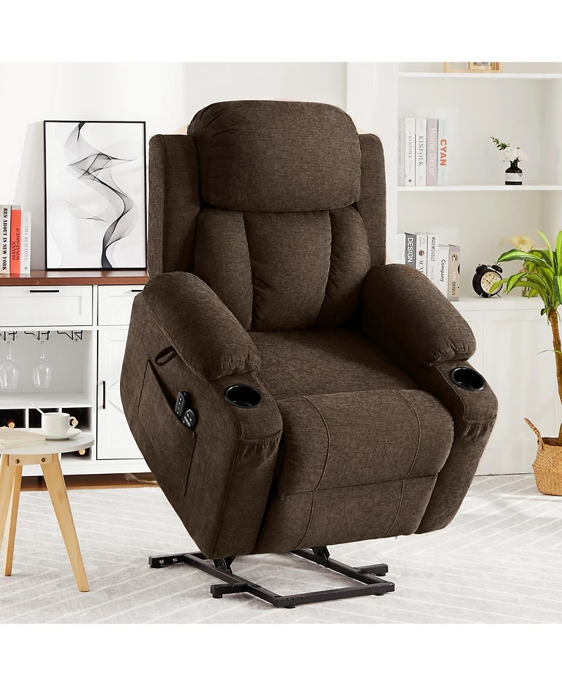 Oversized Chenille Power Lift Recliner with Heat, Massage and Memory Remote, Usb, Cup Holders,Brown