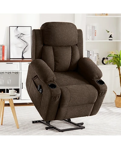 Oversized Chenille Power Lift Recliner with Heat, Massage and Memory Remote, Usb, Cup Holders,Brown