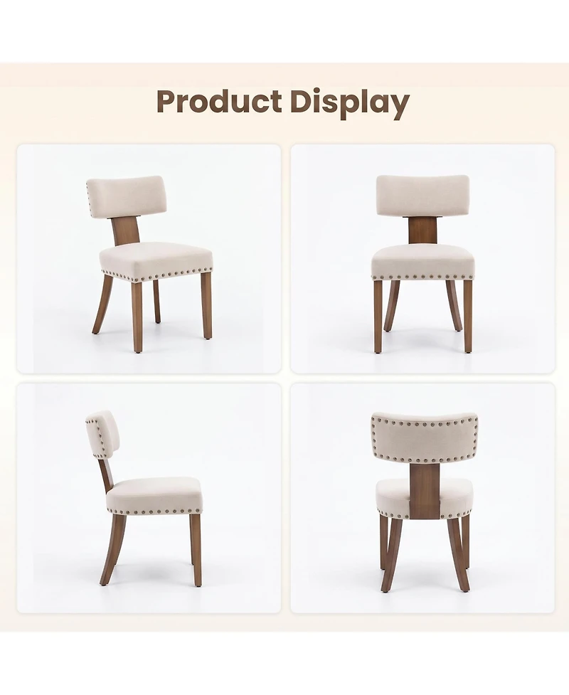 4 Set of Mid-Century Upholstered Dining Chairs, Linen Covered Chairs with Nailhead Trim, Curved Backrest and Wooden Legs for Kitchen, Dining Room