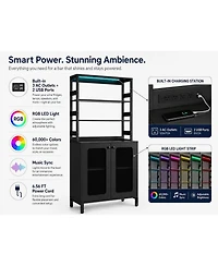 67 Inch Bar Cabinet, Farmhouse Bakers Rack with Rgb Led Lights, Power Outlet, Storage Shelves, Coffee Liquor Storage Hutch for Kitchen Dining Room