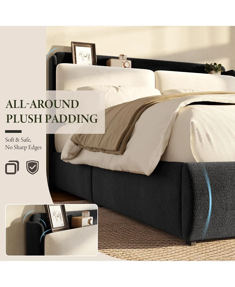 Upholstered Bed Frame with Shelf and Drawers, Chenille Platform Bed with Built in Headboard Shelf for Phone and Books