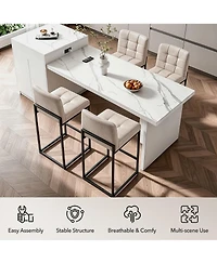 Set of 6 Modern Counter Height Bar Stools, Faux Leather Upholstered Stools with Backrest and Footrest, Armless Design and Metal Legs for Kitchen