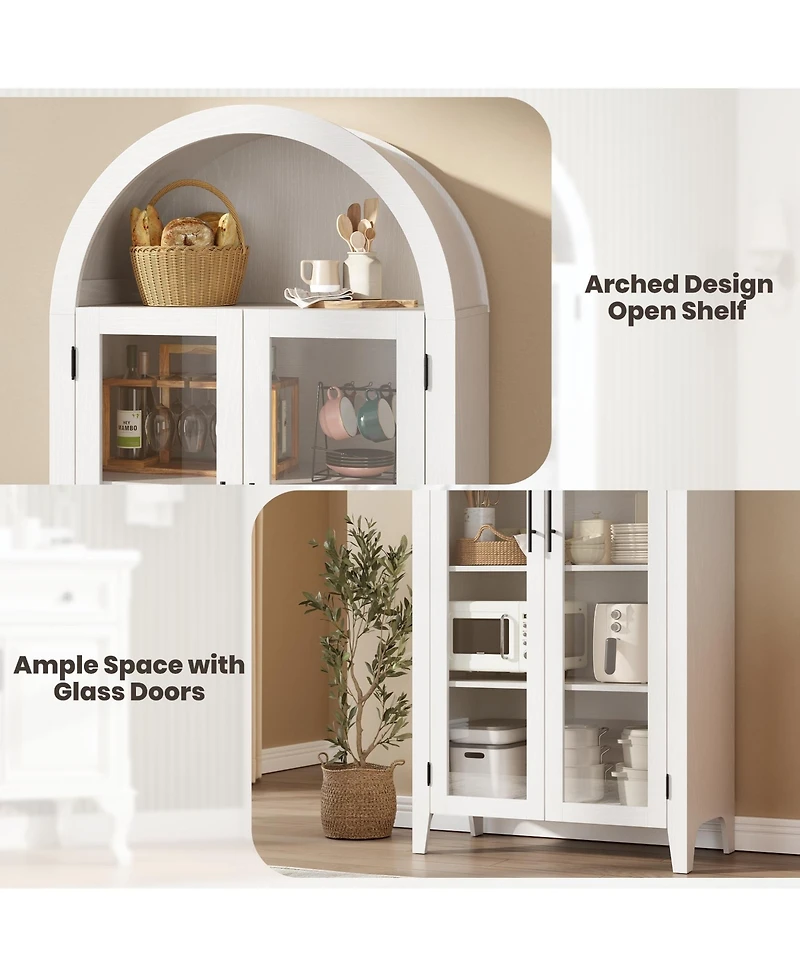 Arched Kitchen Pantry Cabinet, Farmhouse 5 Tier Display Shelf with Adjustable Shelf and 2 Large Glass Doors, Versatile Cupboard for Kitchen
