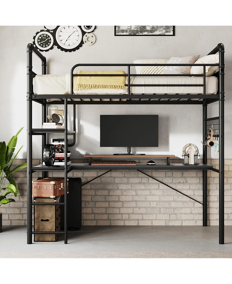 Loft Bed Twin Size Metal Heavy Duty with L-Shaped Desk and Storage Shelves High Guardrail Ladder 400 lbs Capacity Space-Saving for Bedroom Dorm Black