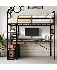 Loft Bed Twin Size Metal Heavy Duty with L-Shaped Desk and Storage Shelves High Guardrail Ladder 400 lbs Capacity Space-Saving for Bedroom Dorm Black
