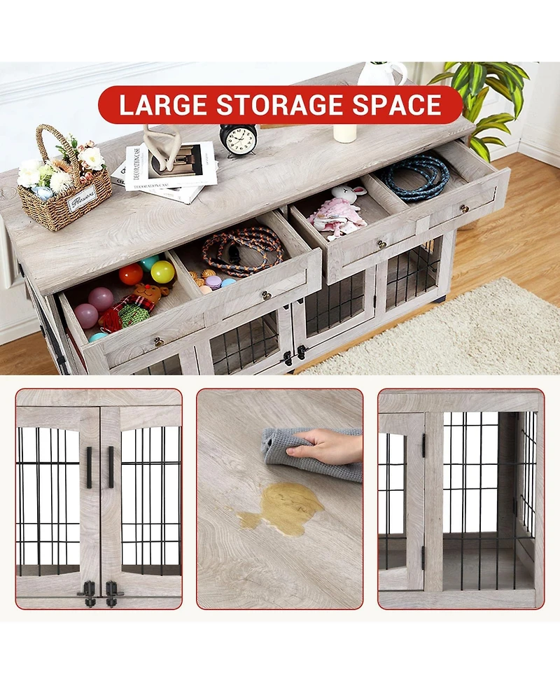 58 Inch Double Door Dog Crate, Large Engineered Wood Pet House with Metal Frame for Indoor Outdoor Use, Gray/Flamed Wood