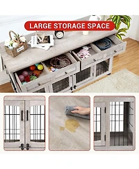 58 Inch Double Door Dog Crate, Large Engineered Wood Pet House with Metal Frame for Indoor Outdoor Use, Gray/Flamed Wood