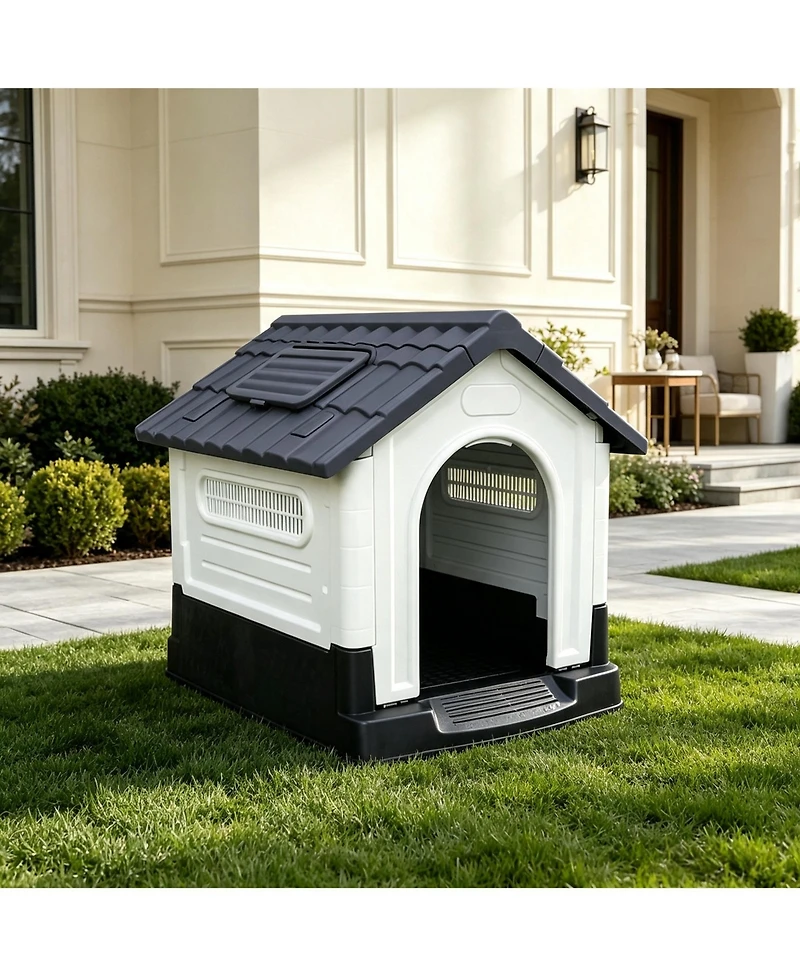 Small/Medium/Large Pp Dog Crate with Roof Window, Weatherproof Indoor Outdoor Dog House for Backyard Patio