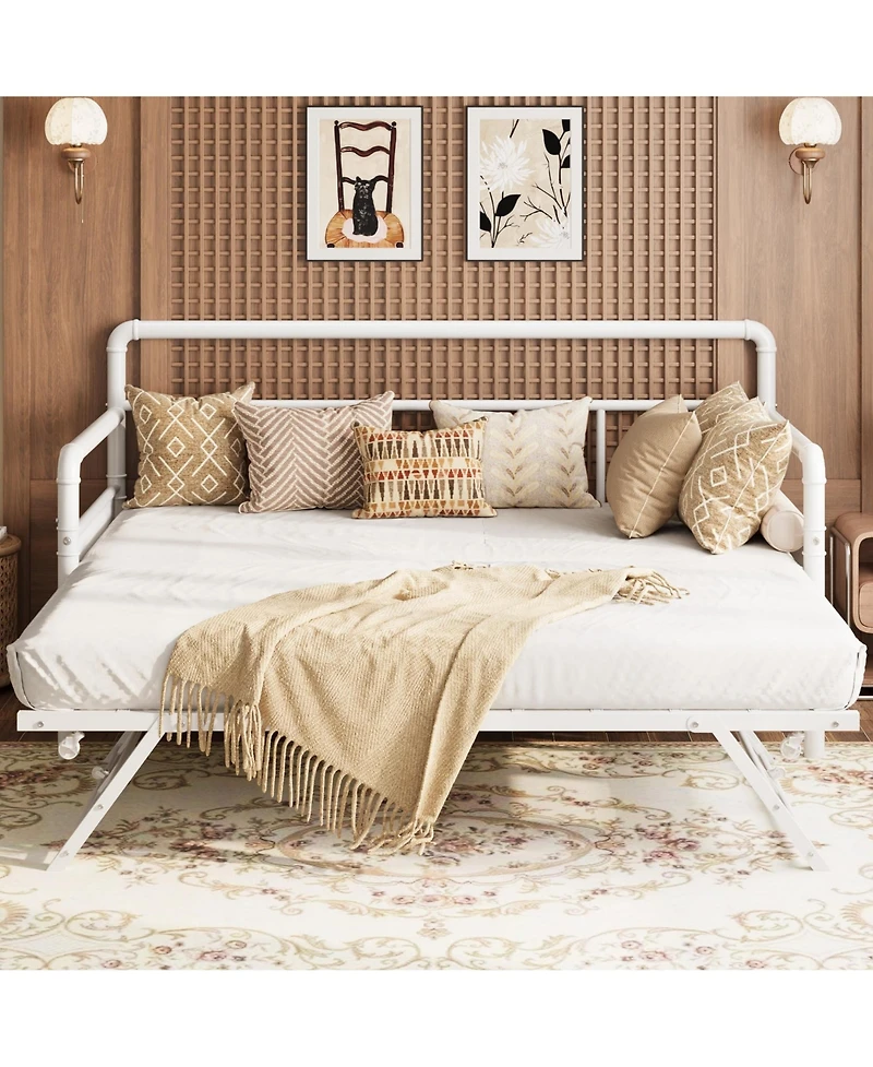 Full Daybed with Pop Up Trundle, White Platform Bed with Headboard, Steel Slat Support, No Box Spring Needed, Versatile Sofa Bed for Living Room