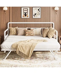 Full Daybed with Pop Up Trundle, White Platform Bed with Headboard, Steel Slat Support, No Box Spring Needed, Versatile Sofa Bed for Living Room