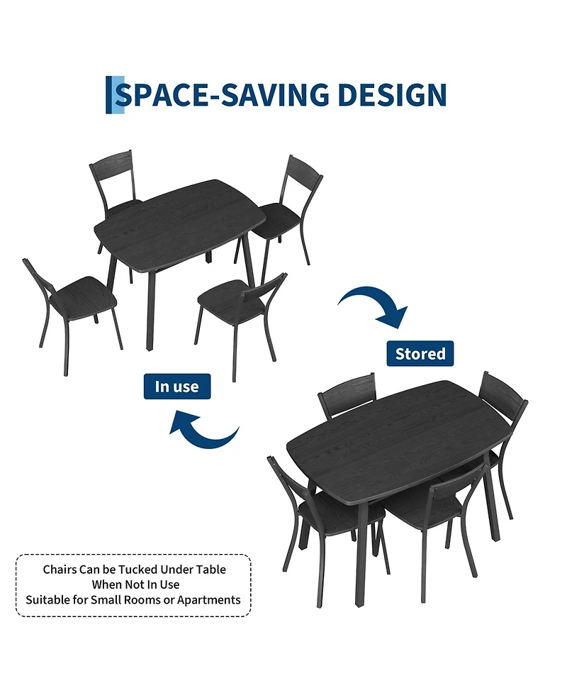 5-Piece Dining Table Set for 4, Space-Saving Kitchen Table and Ergonomic Curved Chairs with Under Table Storage Rack, Safe Rounded Corners, Black