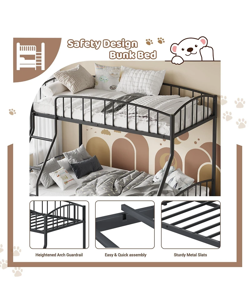Bunk Bed Twin Over Full Metal Heavy Duty Steel Frame with Arched Guardrail and Ladder 400 lbs Capacity Space-Saving for Bedroom Guest Room Black
