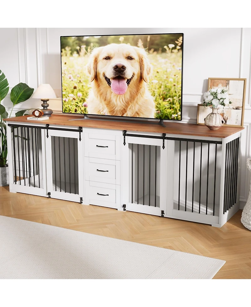 95" Large Dog Crate Furniture for 2 Dogs, Farmhouse Wooden Dog Kennel with 3 Storage Drawers, Duty Furniture Style Tv Stand with Sliding Barn Doors