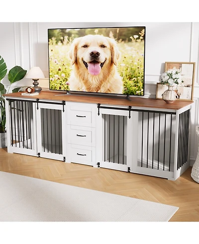 95" Large Dog Crate Furniture for 2 Dogs, Farmhouse Wooden Dog Kennel with 3 Storage Drawers, Duty Furniture Style Tv Stand with Sliding Barn Doors