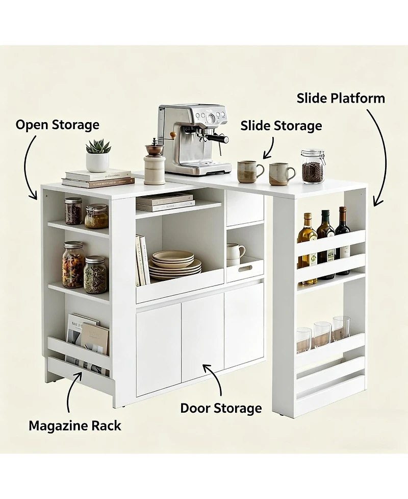 Extendable Rotating Kitchen Island Dining Table, Multi-Functional Mdf Counter with Drawers, Cabinet, Storage Rack for Kitchen Dining Room Home Office