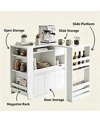 Extendable Rotating Kitchen Island Dining Table, Multi-Functional Mdf Counter with Drawers, Cabinet, Storage Rack for Kitchen Dining Room Home Office