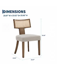Set of 2 Mid-Century Dining Chairs with Rattan Back, Upholstered Linen Seat and Wood Frame for Kitchen Dining Room Living Room, Beige