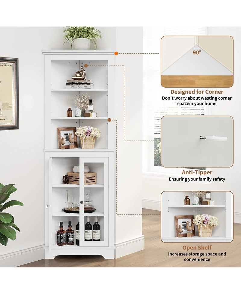 Farmhouse Corner Cabinet, 63 Inches Tall Freestanding Hutch with Glass Beadboard Doors, Adjustable Shelves, Pantry Storage Cabinet for Kitchen